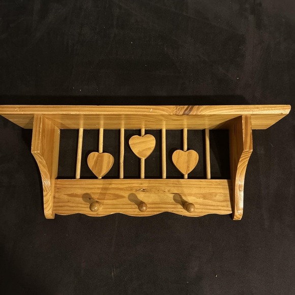 The Unbranded Brand Other - Vintage Wood Wall Mounted Coat & Hat Rack with Shelf, Heart Cutouts, 3‎ Pegs